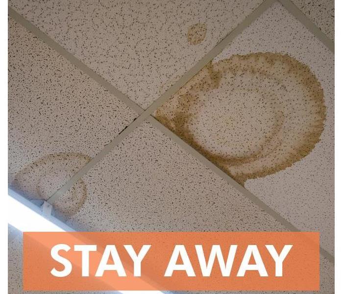 Water leak on the ceiling tiles from the damaged roof, brown stain, office building